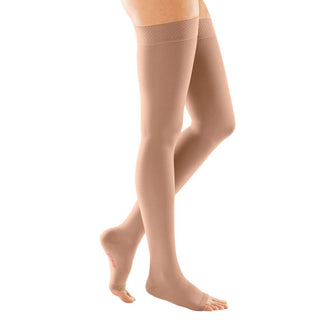 mediven forte 30-40 mmHg thigh silicone band petite open toe caramel size VII